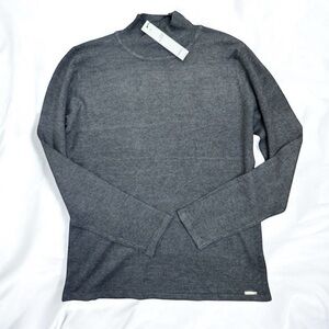 T Tahari Womens Mock Neck Sweater Top Size S Dark Grey Soft Knit Metallic Logo